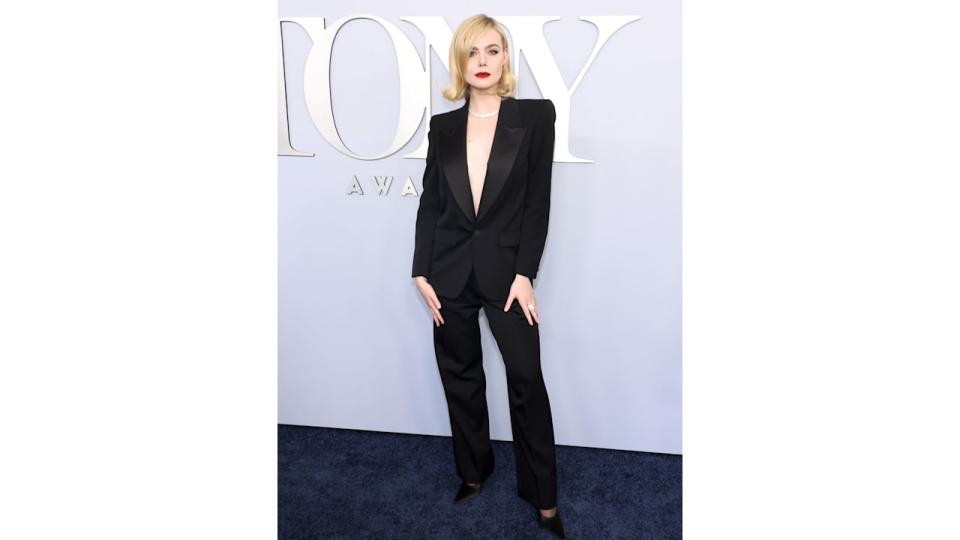 Elle Fanning attends the 77th Annual Tony Awards at David H. Koch Theater at Lincoln Center on June 16 in a black suit 