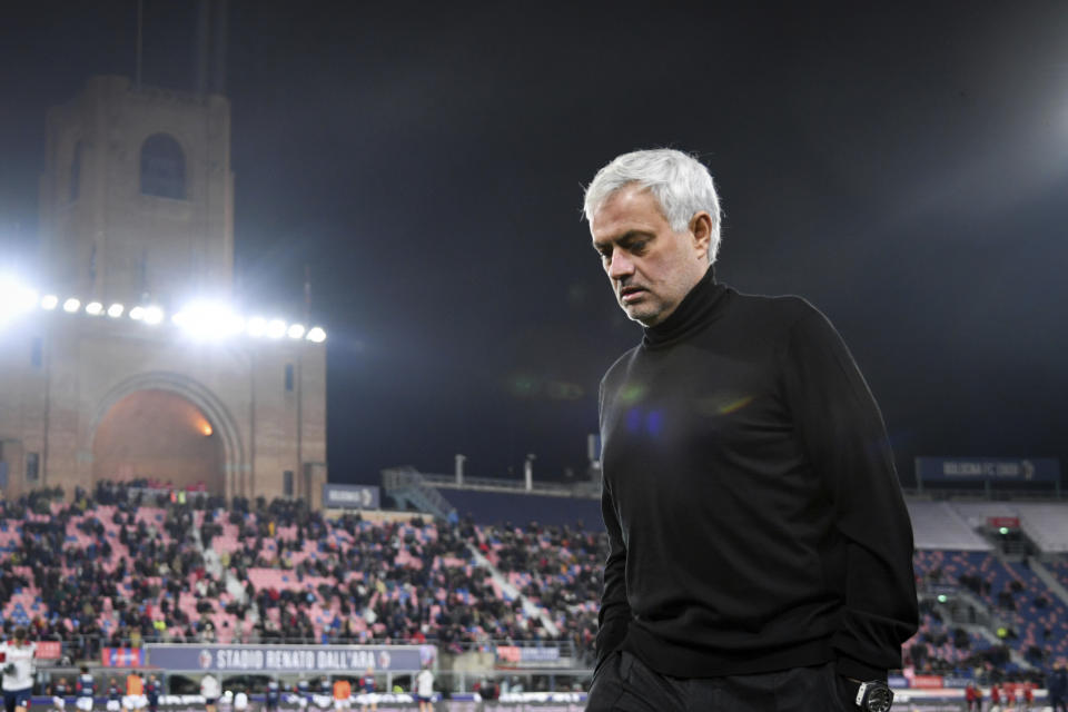 Roma's coach Jose Mourinhowalks, at the end of the Italian Serie A soccer match between Bologna and Roma, at Renato Dall'Ara Stadium, in Bologna, Italy, Sunday, Dec. 17, 2023. (Massimo Paolone /LaPresse via AP)