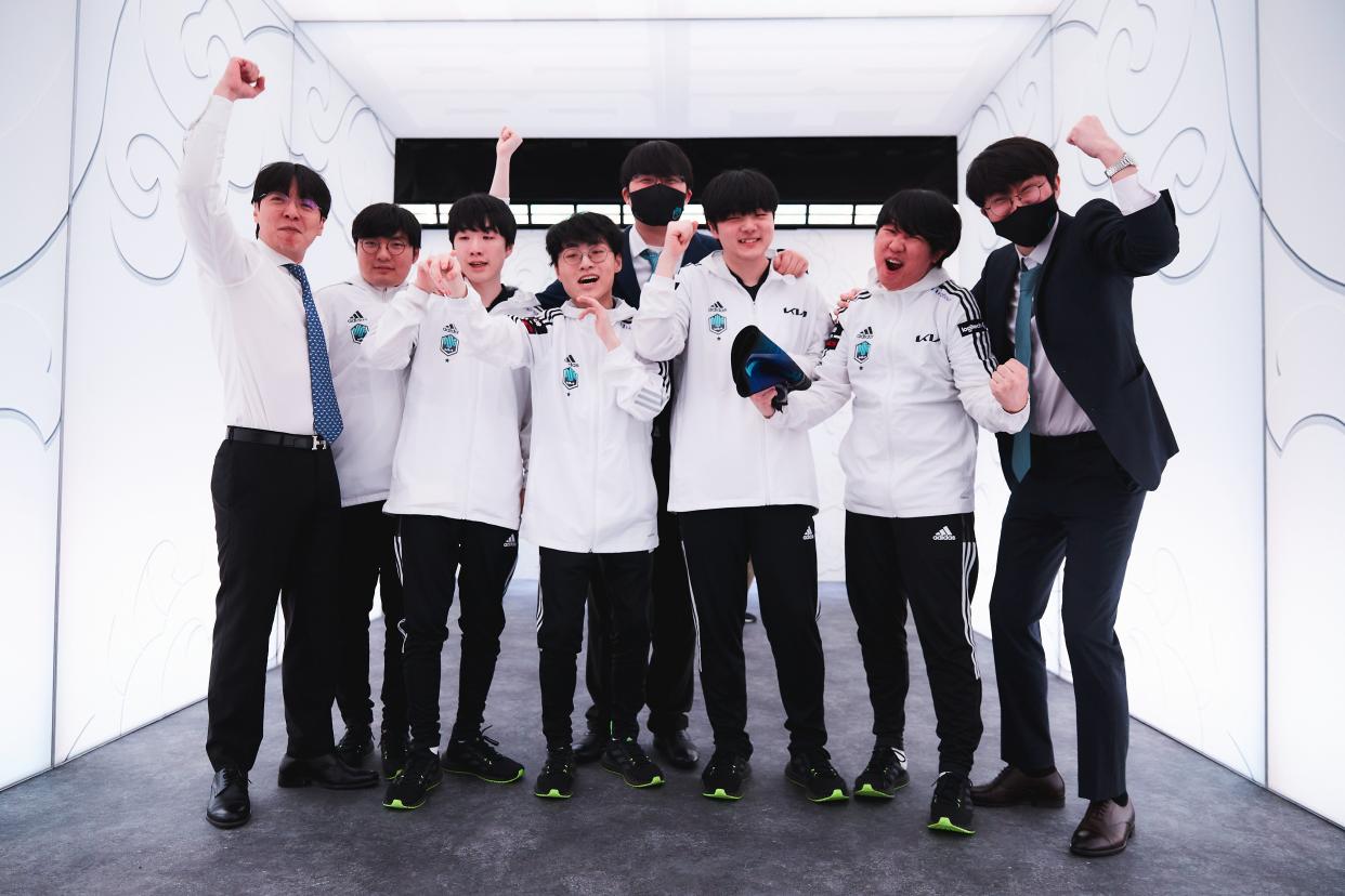 DAMWON Gaming KIA following their victory over T1 to advance to the grand finals of the 2021 League of Legends World Championship. (Photo: LoL Esports/Riot Games)