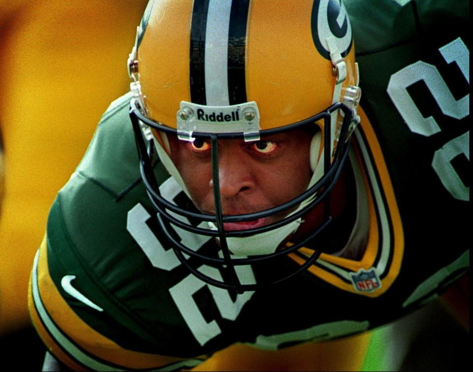 Green Bay Packers defensive end Reggie White shows his intensity in this 1997 file photo.