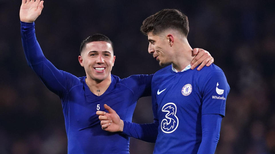 Chelsea's Enzo Fernandez (left) and Chelsea's Kai Havertz celebrate after UEFA Champions League round of sixteen second leg match at Stamford Bridge, London. Picture date: Tuesday March 7, 2023. Credit: Alamy