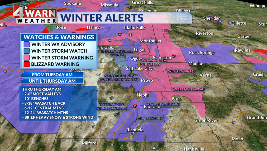 A map showing the weather alerts that will be in effect across northern Utah from Tuesday to Thursday.