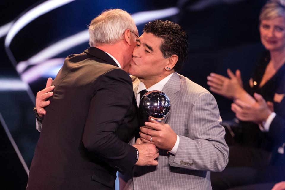 <p>Diego Maradona congratulates Claudio Ranieri </p>