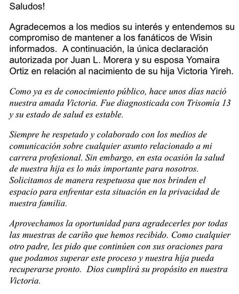 Famosos hacen cadena de oración por la hija de Wisin