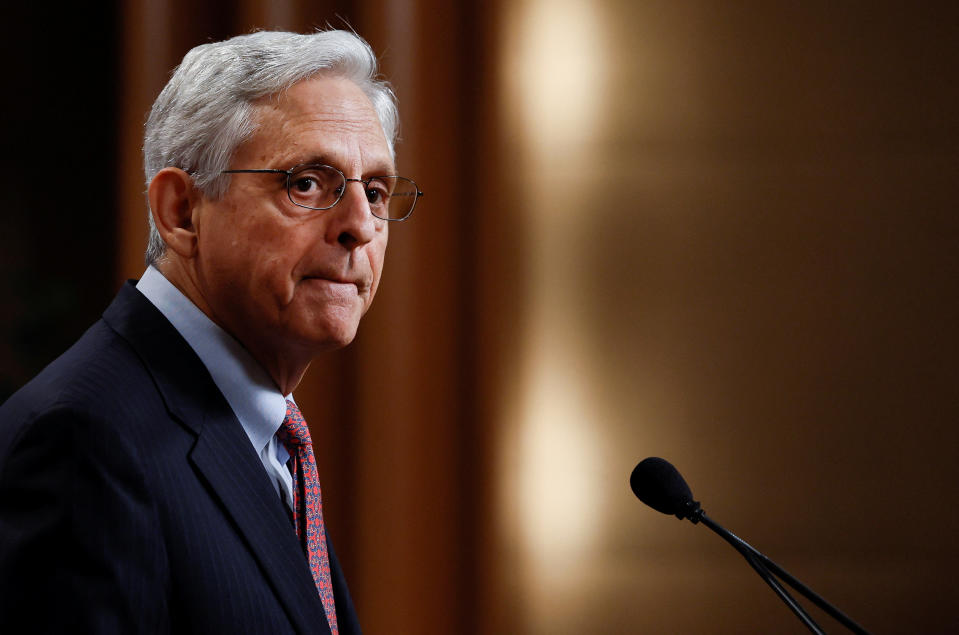 U.S. Attorney General Merrick Garland takes questions following the announcement of the Justice Department's first affirmative litigation to protect access to reproductive healthcare following the Supreme Court's decision to overturn Roe v. Wade, at the Department of Justice in Washington, U.S., August 2, 2022.REUTERS/Evelyn Hockstein