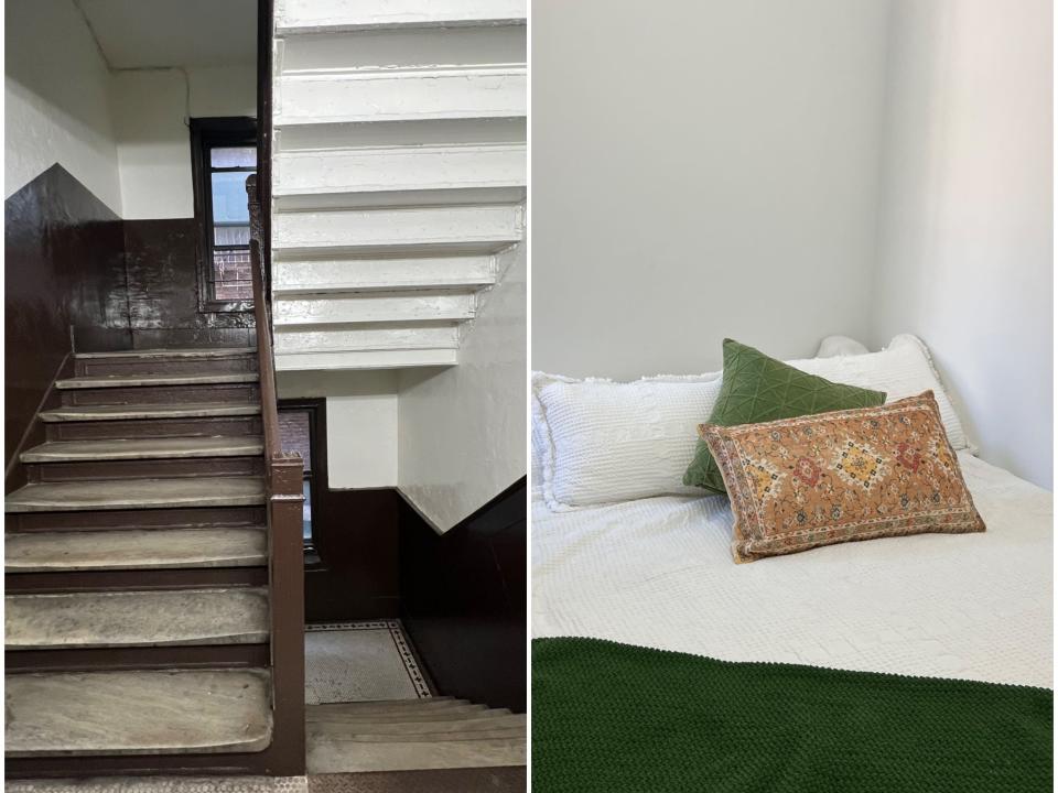 Split image of the stairs at Pauline's new apartment and her bed.