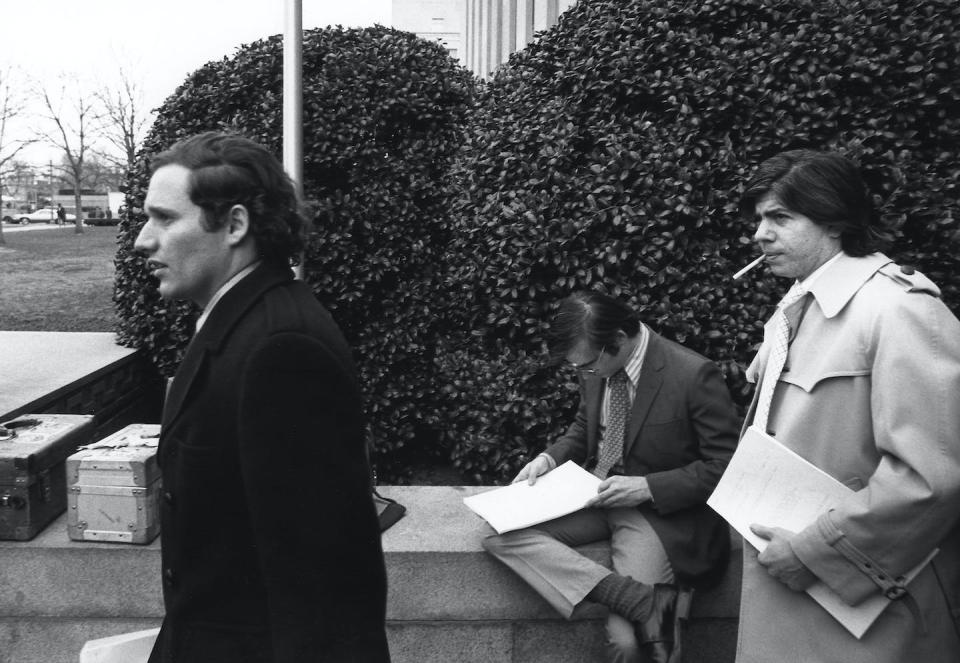 Washington Post reporters Bob Woodward, left, and Carl Bernstein on March 1, 1974, Washington, D.C. <a href="https://www.gettyimages.com/detail/news-photo/washington-post-reporters-bob-woodward-and-carl-bernstein-news-photo/53007233?adppopup=true" rel="nofollow noopener" target="_blank" data-ylk="slk:David Hume Kennerly/Getty Images;elm:context_link;itc:0;sec:content-canvas" class="link ">David Hume Kennerly/Getty Images</a>