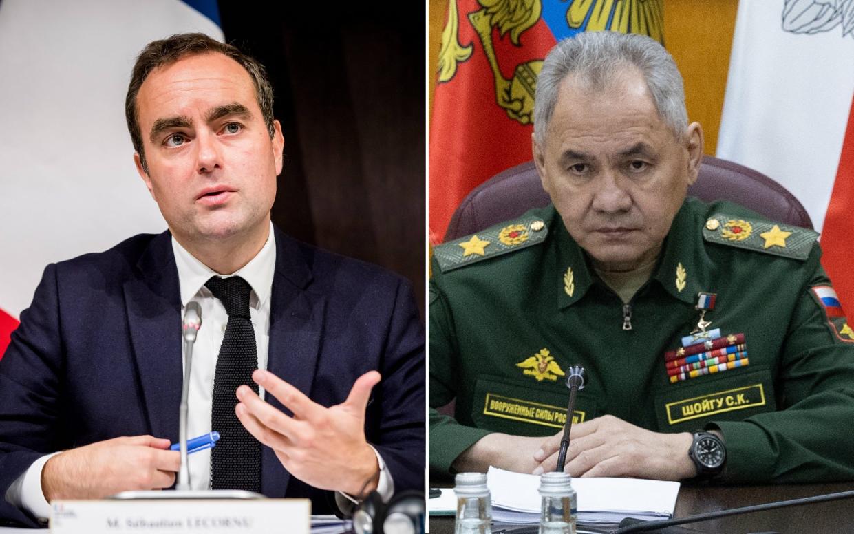 Sebastien Lecornu, France's defence minister and his Russian counterpart, Sergei Shoigu