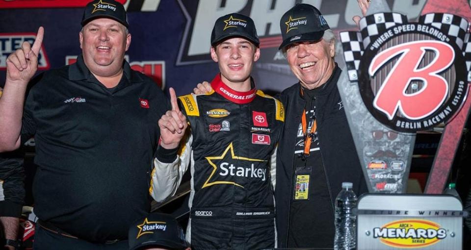 William Sawalich celebrates with his crew in Victory Lane at Berlin Raceway