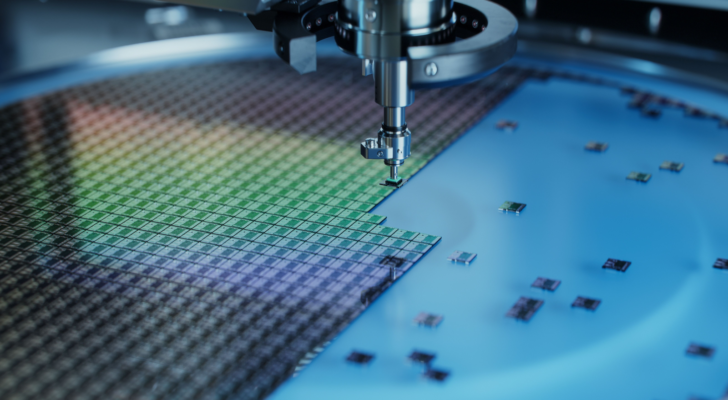 Silicon Dies are being Extracted by a Pick and Place Machine from Wafer and Attached to Substrate. Computer Chip Manufacturing at Factory. Close-up of Semiconductor Packaging Process. Chip stocks