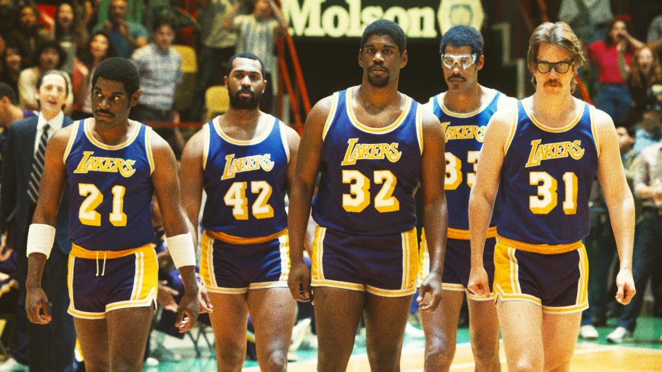 Delante Desouza, Quincy Isaiah, Solomon Hughes and Joel Allen as Michael Cooper, Magic Johnson, Kareem Abdul-Jabbar and Kurt Rambis on the court in Winning Time season 2