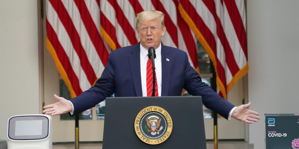 U.S. President Donald Trump holds a coronavirus disease (COVID-19) outbreak response press briefing in the Rose Garden of the White House in Washington, U.S., May 11, 2020. REUTERS/Kevin Lamarque