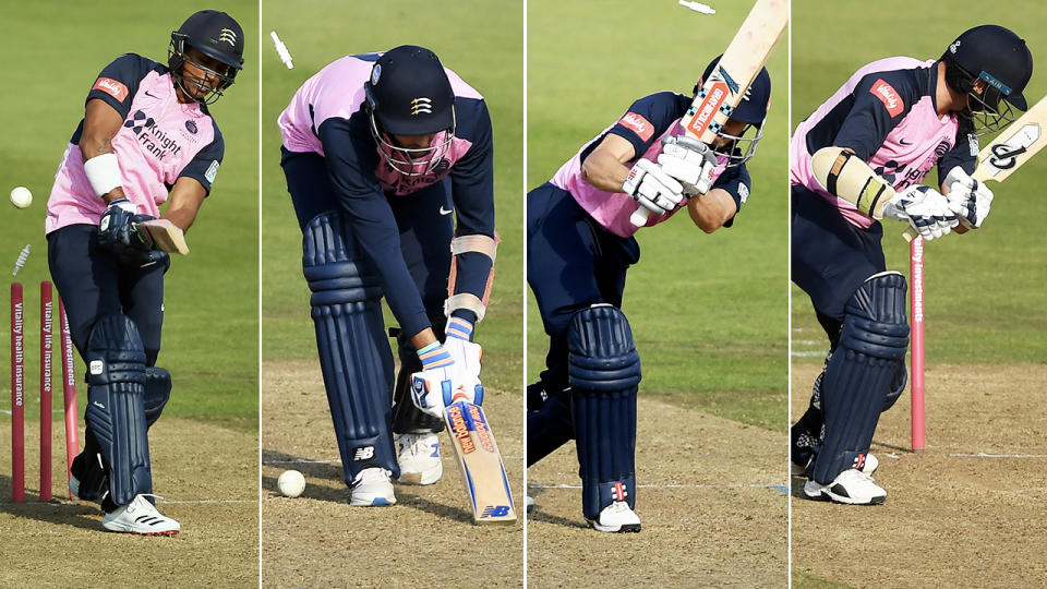 John Simpson, Steve Finn, Thilan Walallawita and Tim Murtagh, pictured here all being bowled.