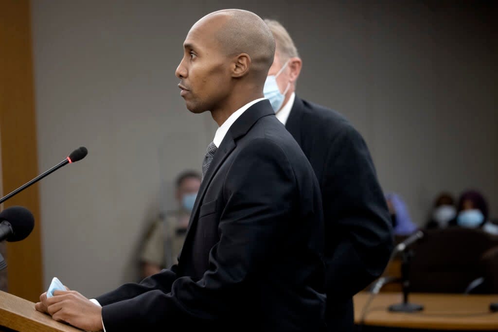 Former Minneapolis police officer Mohamed Noor addresses Judge Kathryn Quaintance at the Hennepin County Government Center, Thursday, Oct. 21, 2021, in Minneapolis. Elizabeth Flores/Star Tribune via AP, Pool, File)