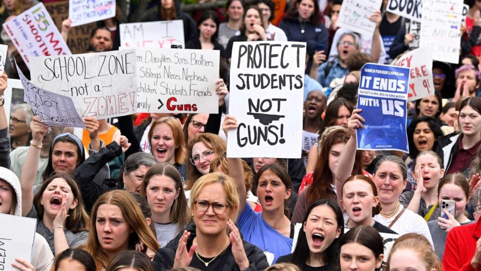 PHOTO: Anti-gun demonstrators protest at the Tennessee Capitol for stricter gun laws in Nashville, Tenn., on April 3, 2023. (John Amis/AFP via Getty Images, FILE)