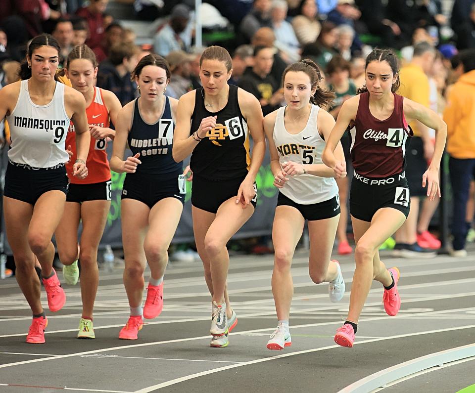 The start of the seeded heat of the State Meet of Champions girls 1600. Christina Allen of River Dell (6) was third while Remy Dubac of Clifton (4) finished fourth.