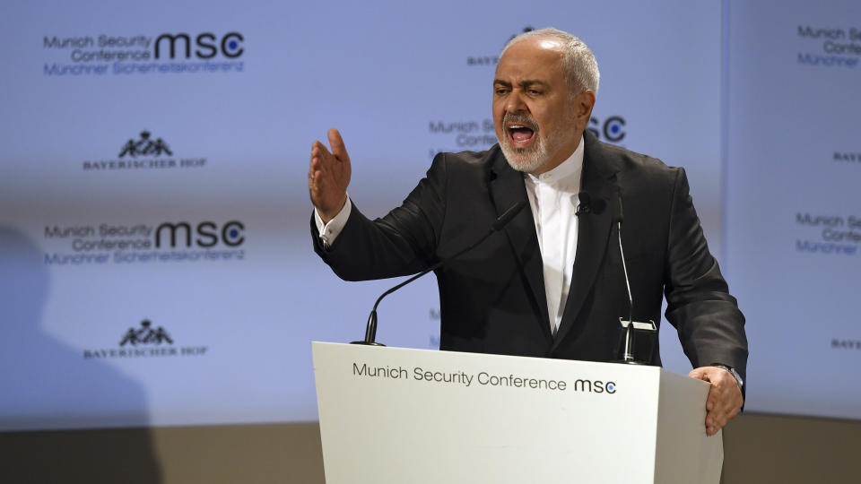 Iranian Foreign Minister Mohammad Javad Zarif speaks during the Munich Security Conference in Munich, Germany, Sunday, Feb. 17, 2019. (AP Photo/Kerstin Joensson)