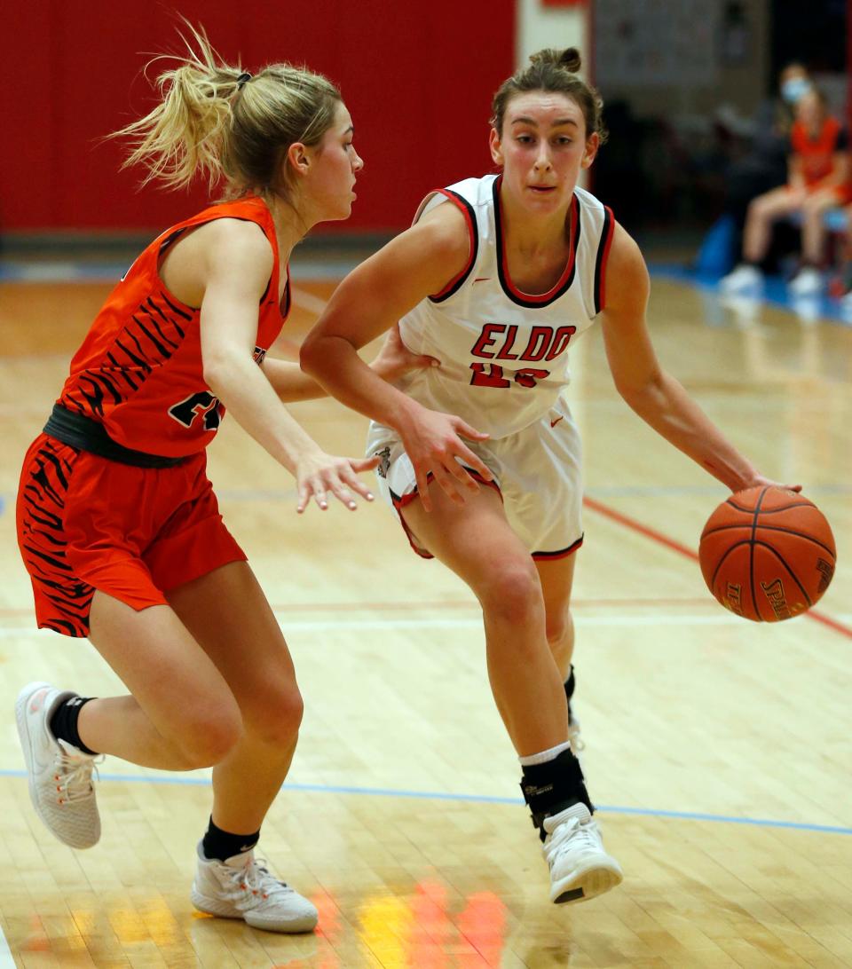  Eldorado Springs' Reese Schaaf drives to the basket against Republic in the Pink and White Tournament at Glendale High School in Springfield on December 29, 2020.