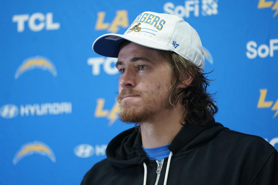 Los Angeles Chargers quarterback Justin Herbert speaks during a news conference following an NFL football game against the Kansas City Chiefs Sunday, Oct. 22, 2023, in Kansas City, Mo. The Chiefs won 31-17. (AP Photo/Ed Zurga)