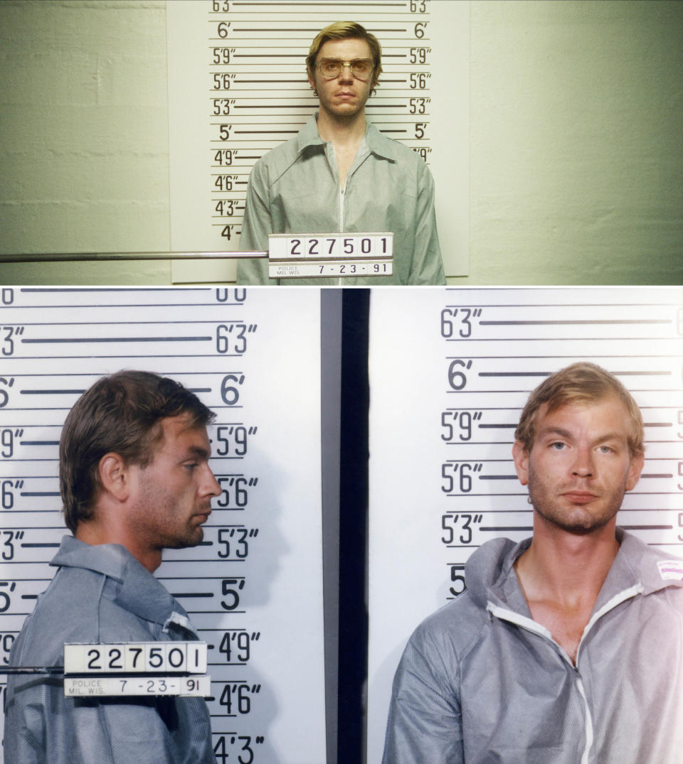 Evan as Jeffrey getting a mugshot vs the real Jeffrey's mugshot