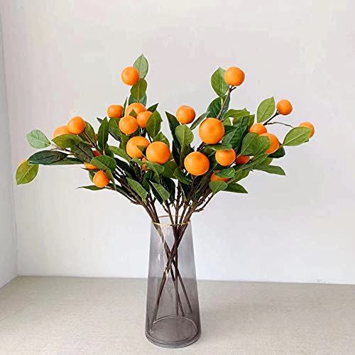 34) Pectt 3 PCS Artificial Tangerine Branches, 25 Inch Faux Orange Stems with Green Leaves, Simulation Long Stem Fruit Bouquet for Home Party Kitchen Festival Decoration, Yellow, 3pcs