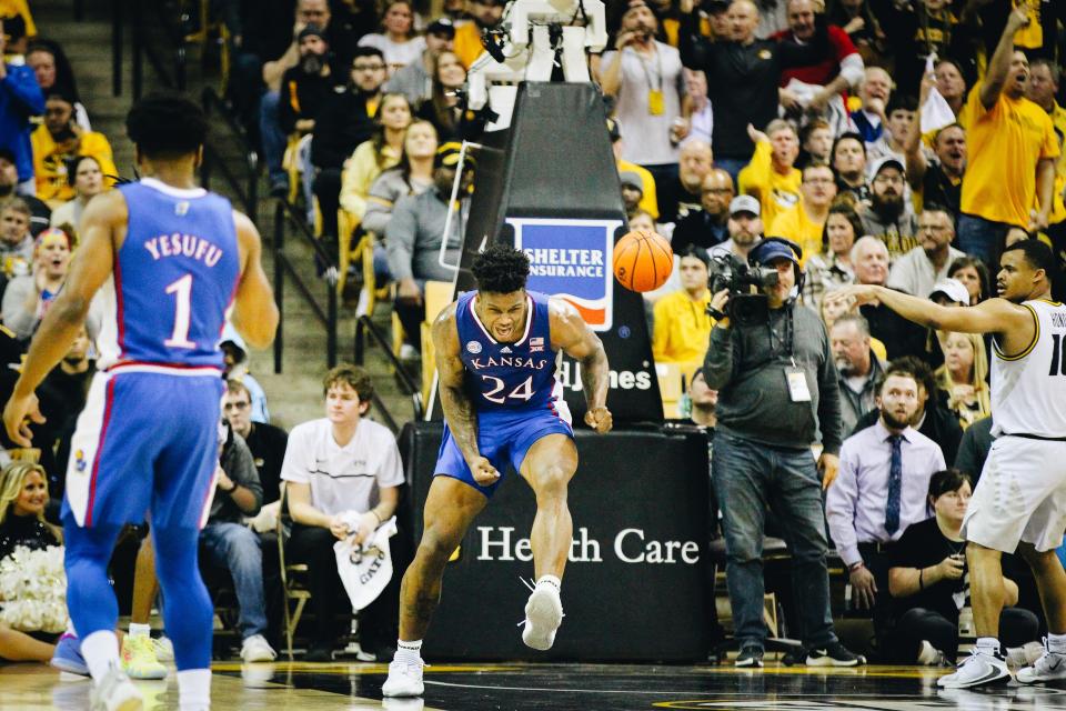 Kansas forward KJ Abrams (24) celebrates after an uncontested dunk during the Tigers' Border War game against Kansas on Dec. 10, 2022, at Mizzou Arena in Columbia, Mo.