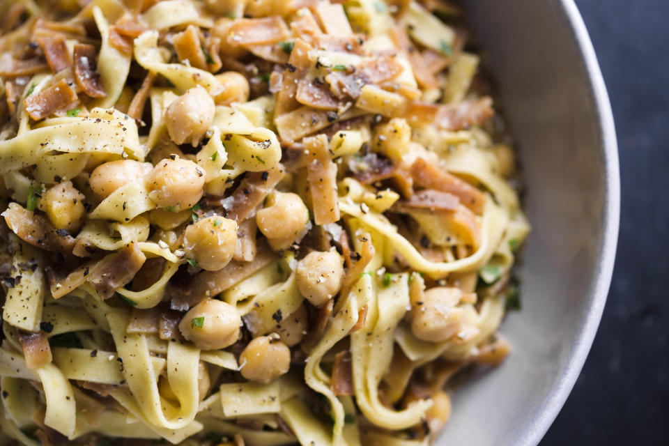 This image released by Milk Street shows a recipe for crispy chickpea pasta. (Milk Street via AP)