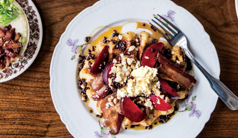 Pearl Sugar Waffles with Bacon and Plums