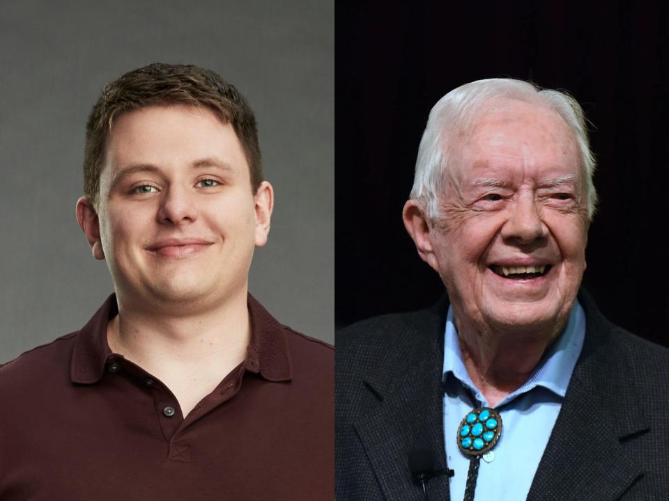 left: hugo, a young man smiling and wearing a red polo; right: jimmy carter, in a bolo tie and smiling widely