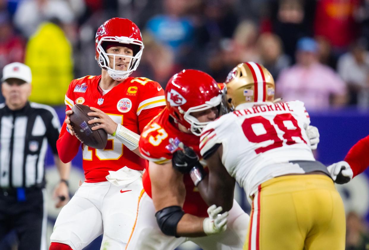 Kansas City Chiefs quarterback Patrick Mahomes (15) against the San Francisco 49ers during Super Bowl LVIII at Allegiant Stadium.