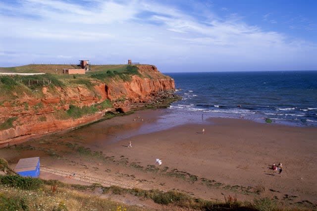 Beach and rocks from cliffs, Sandy Bay, near Exmouth, Devon, England, United Kingdom