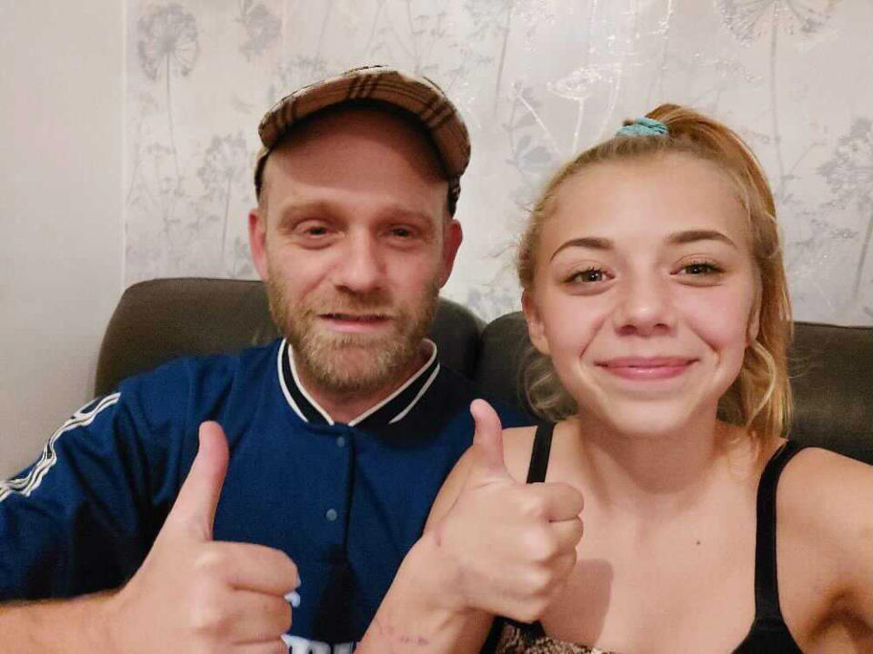 Cheyanne is pictured with Rhia Vikki West's partner, Will, both giving a thumbs up.