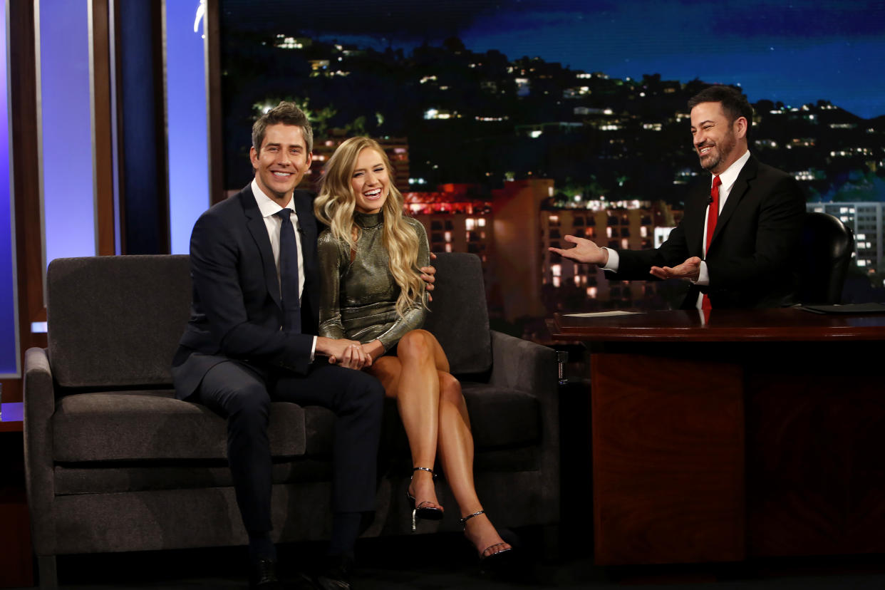 Lauren Burnham and Arie Luyendyk Jr. appear on <em>Jimmy Kimmel Live</em> in March. (Image: Randy Holmes via Getty Images)