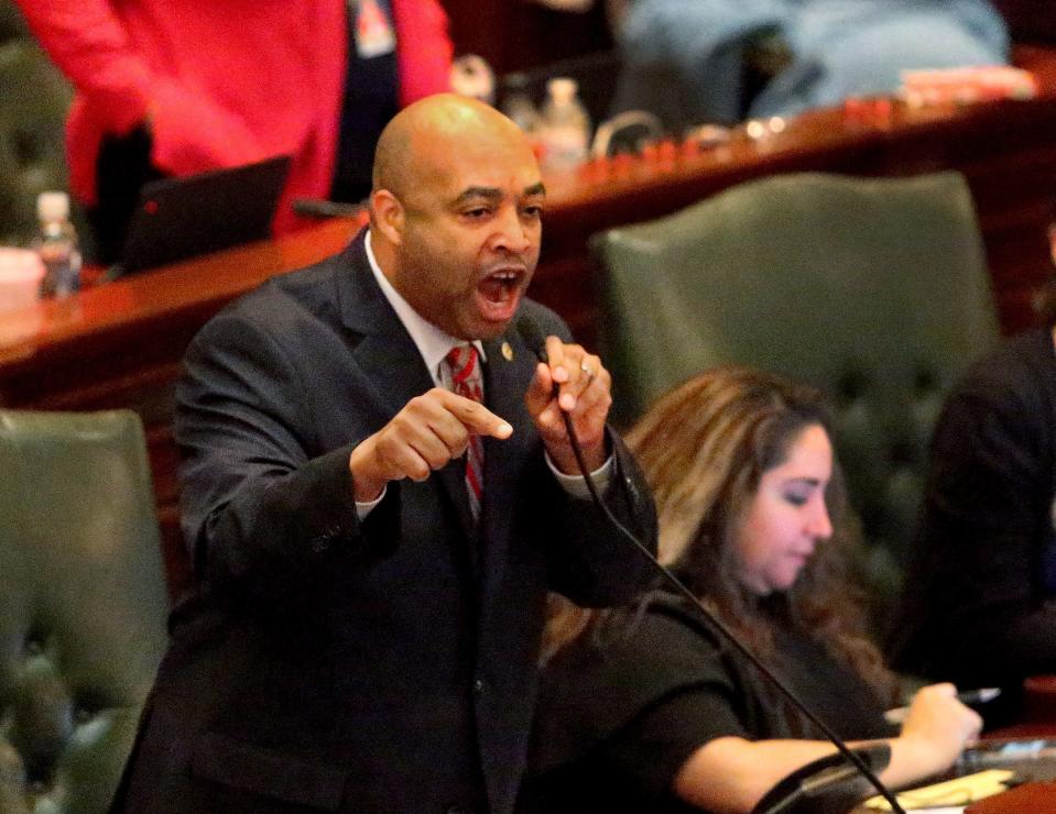 State Rep. Justin Slaughter, D-Chicago, reacts to the Republican response to a follow-up bill to the Safety, Accountability, Fairness and Equity-Today (SAFE-T) Act on Saturday. [Thomas J. Turney/The State Journal-Register]