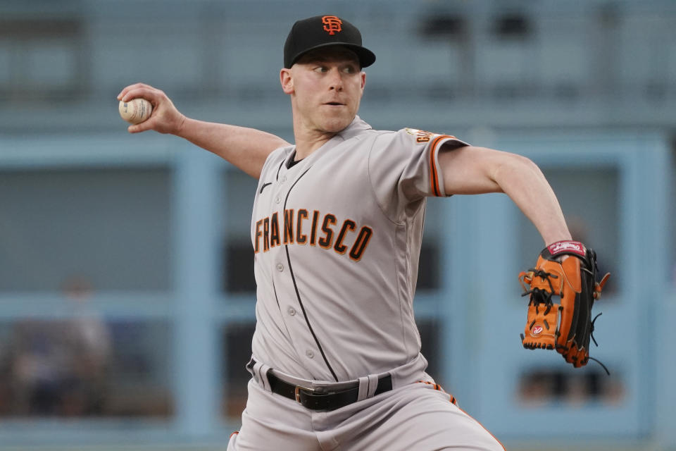 San Francisco Giants starting pitcher Anthony DeSclafani throws to the Los Angeles Dodgers during the first inning of a baseball game Thursday, July 22, 2021, in Los Angeles. (AP Photo/Marcio Jose Sanchez)