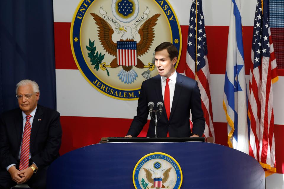 US ambassador to Israel David Friedman listens as Senior White House Advisor Jared Kushner delivers a speech during the opening of the US embassy in Jerusalem on May 14, 2018.