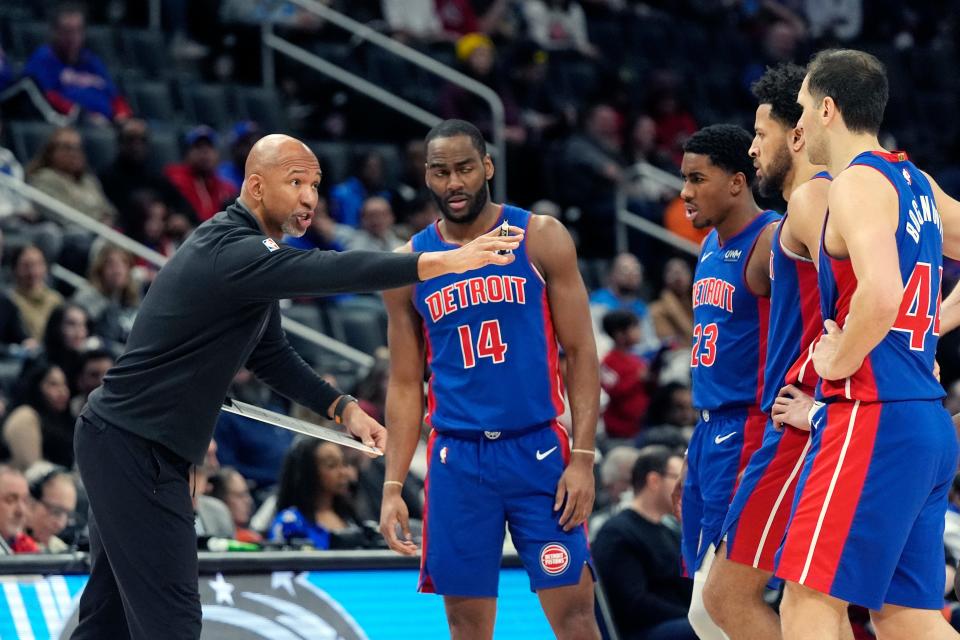 Detroit Pistons head coach Monty Williams talks to his team uring the second half of an NBA basketball game against the Orlando Magic at Little Caesars Arena in Detroit on Sunday, Feb. 4, 2024.
