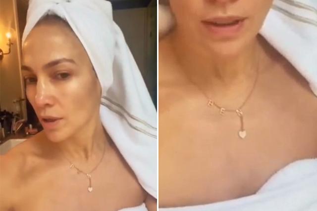 Jennifer Lopez Wears Only Her Ben Necklace And Towel As She Goes Makeup Free In Skincare Video 