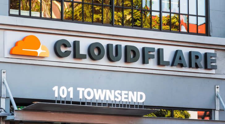 A close-up of the Cloudflare (NET) logo at the company headquarters in California.