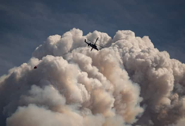 A helicopter carrying a water bucket flies past a pyrocumulus cloud, also known as a fire cloud, produced by the Lytton Creek wildfire burning in the mountains above Lytton, B.C., on Aug. 15.  (Darryl Dyck/The Canadian Press - image credit)