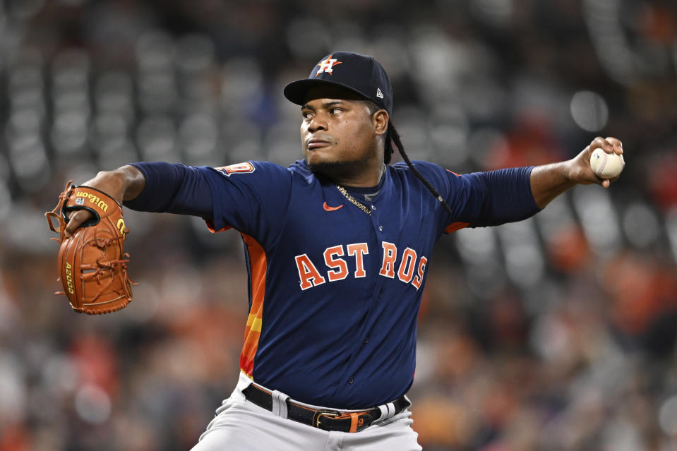 Houston Astros pitcher Framber Valdez delivers against the Baltimore Orioles in the first inning of a baseball game, Saturday, Sept. 24, 2022, in Baltimore. (AP Photo/Gail Burton)