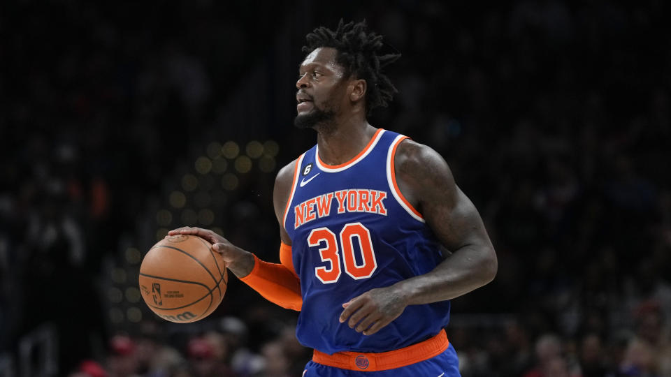 New York Knicks forward Julius Randle drives the ball in the second half of an NBA basketball game against the Washington Wizards, Friday, Feb. 24, 2023, in Washington. (AP Photo/Patrick Semansky)