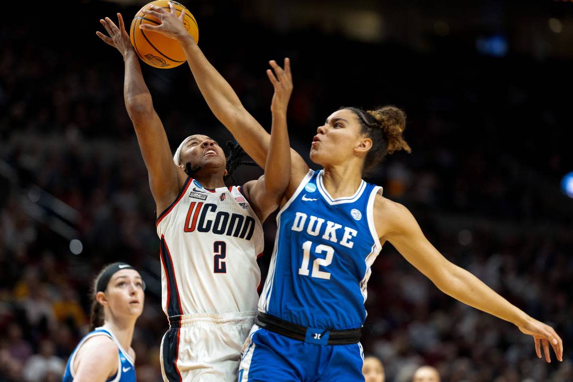 Duke’s Delaney Thomas blocks a shot by UConn’s KK Arnold in first half action of their NCAA Sweet 16 game in Portland, Saturday night, March 30, 2024.
