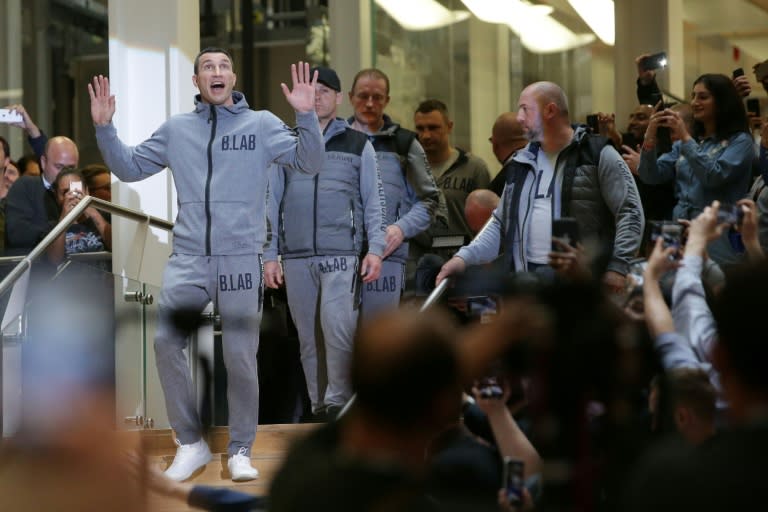 Ukraine's Wladimir Klitschko arrives for a joint press conference with Britain's Anthony Joshua ahead of their IBF, IBO and WBA Super, world Heavyweight title fight at Wembley Stadium