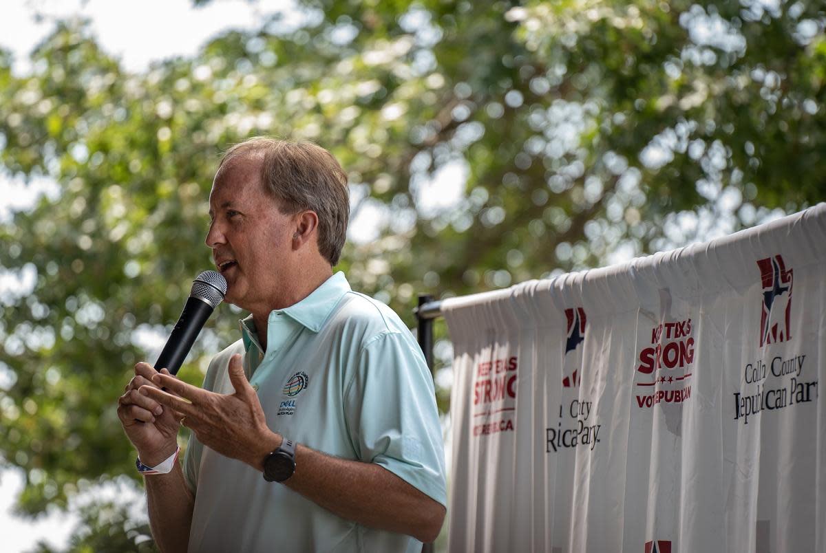 Suspended Attorney General Ken Paxton speaks at a Collin County Labor Day picnic in Plano, on Sept. 2, 2023, just days before his impeachment trial.