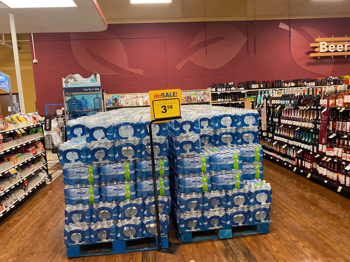 While many bottled water shelves in Beaufort County are empty, some supermarkets — like Port Royal’s Food Lion on Parris Island Gateway — have packages displayed on pallets scattered throughout the store.
