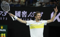 Russia's Daniil Medvedev reacts after winning a point against Greece's Stefanos Tsitsipas during their semifinal match at the Australian Open tennis championship in Melbourne, Australia, Friday, Feb. 19, 2021.(AP Photo/Andy Brownbill)