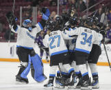 FILE - Toronto goalie Kristen Campbell, left, celebrates with teammates after their overtime win against Toronto in a PWHL hockey game Tuesday, Feb. 27, 2024, in Minneapolis. Finally having the best players in the world in one league has provided the kind of jump start needed to try to catch up with basketball and soccer in a crowded landscape. (Richard Tsong-Taatarii/Star Tribune via AP, File)