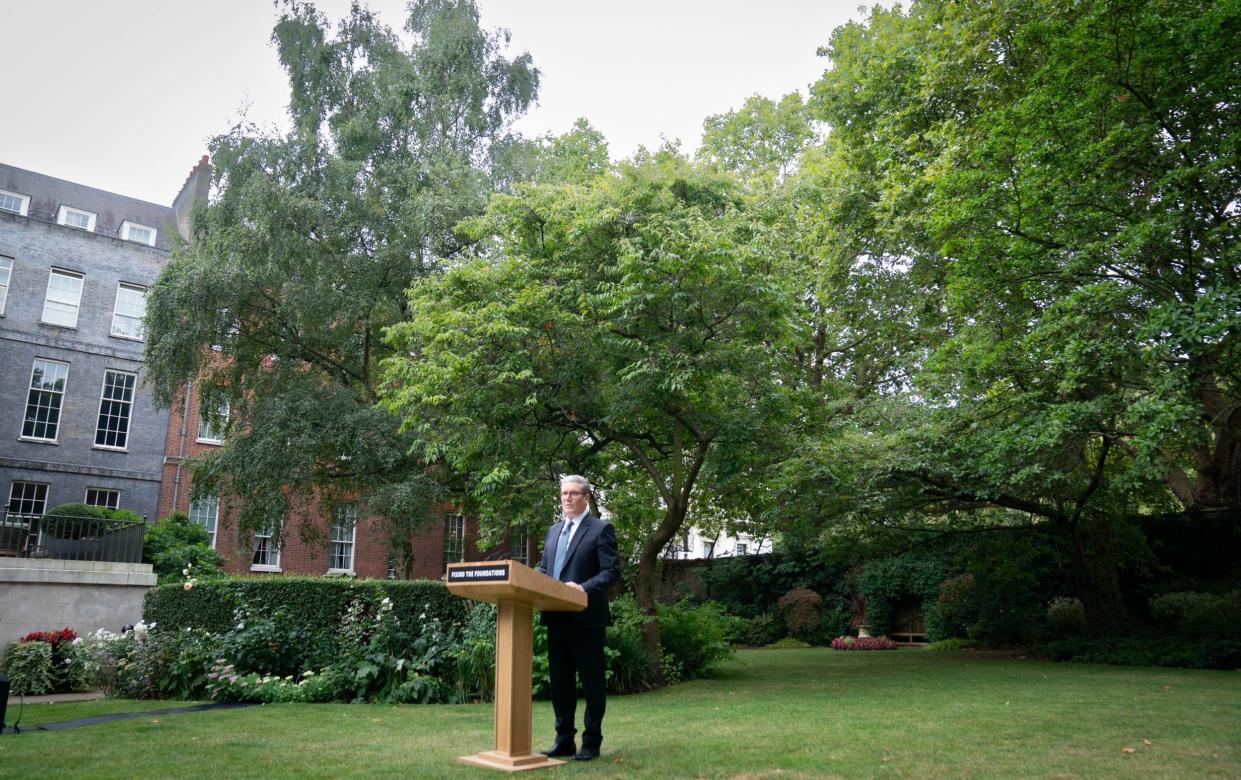 Prime Minister Sir Keir Starmer during his speech and press conference in the Rose Garden at 10 Downing Street on August 27, 2024