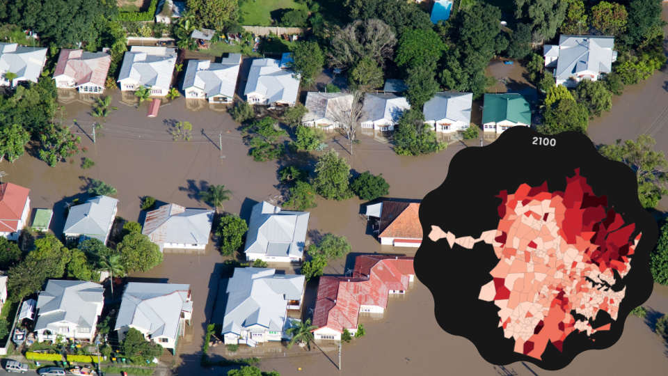 Left: Flooding in Brisbane; Right: What Sydney areas would have the highest insurance premiums in 2100. (Source: Getty; ABC/Climate Risk)